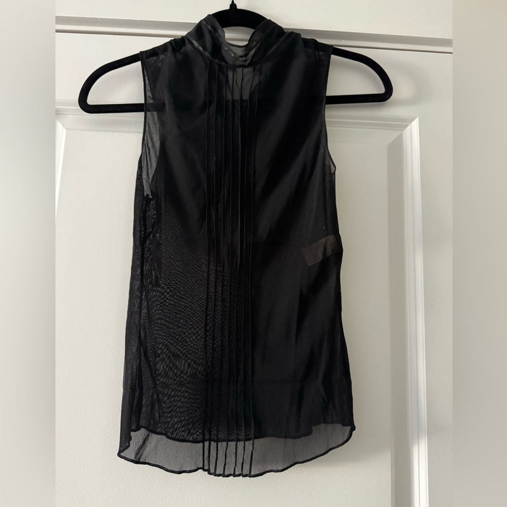 SISLEY MADE IN ITALY Women’s Black Sleeveless Sheer Pleated Mock Neck Top
